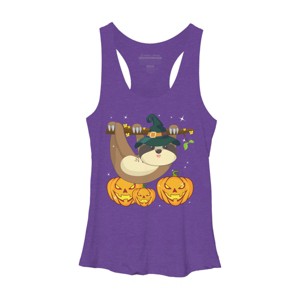 Women's Design By Humans Funny Witch Sloth With Jack O Lantern Halloween T-Shirt By thebeardstudio Racerback Tank Top - 1 of 3