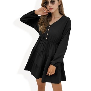 Anna-Kaci Women's Button-Front Tiered Mini Dress with Drawstring Waist - 1 of 4