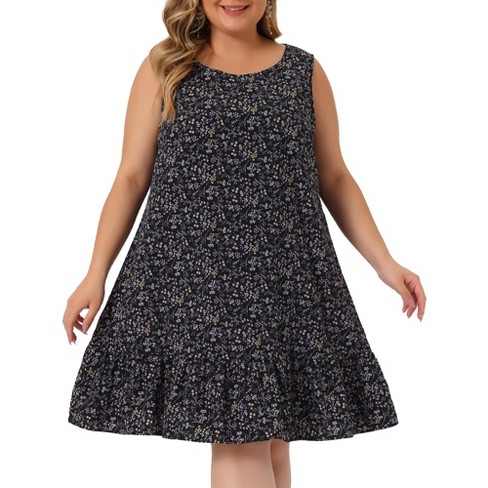 Agnes Orinda Women's Plus Size Sleeveless Ruffle Hem Casual Floral Tank  Dresses Black 2X