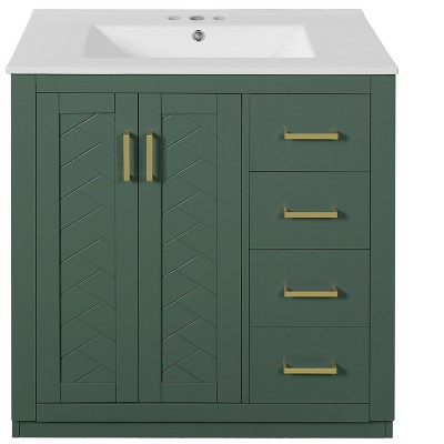 Vynxaria 30 inch Forest Green Retro Single Sink Freestanding Bath Vanity with White Ceramic Top Three Full Extension Drawers Soft Close Doors