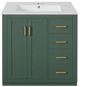 Vynxaria 30 inch Forest Green Retro Single Sink Freestanding Bath Vanity with White Ceramic Top Three Full Extension Drawers Soft Close Doors - 1 of 4