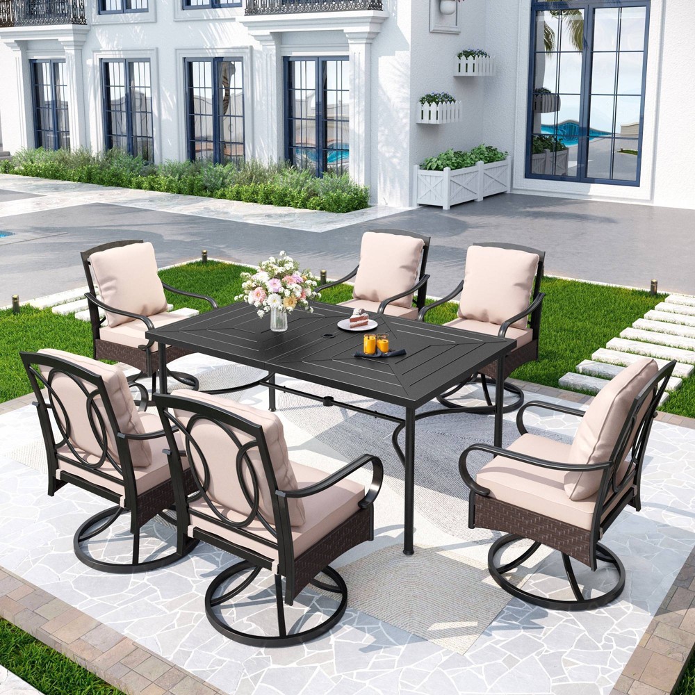 Photos - Dining Table 7pc Outdoor Dining Set with Swivel Chairs & Large Metal Rectangle Table with Umbrella Hole - Captiva Designs: E-Coated, Weat