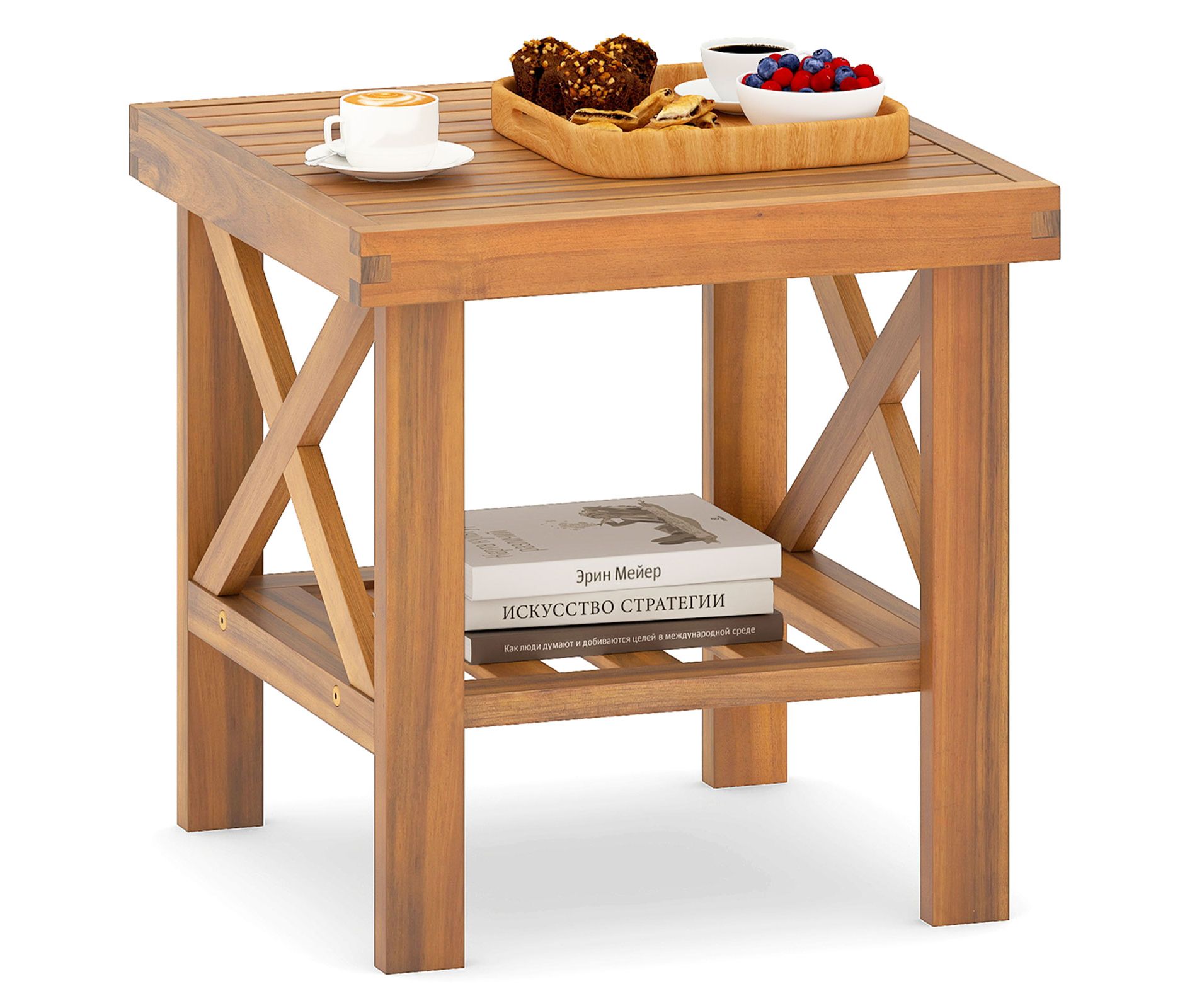 Tangkula Outdoor Side Table Acacia Wood Adirondack Table w/ Storage Shelf Natural