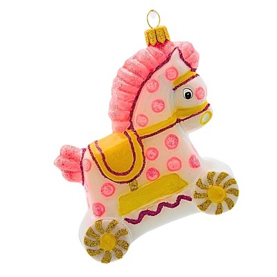 Hand-Painted Pink and Gold Glass Rocking Horse Ornament