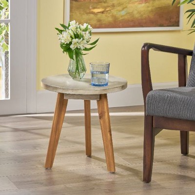 CAVINAS Modern Patio Side Table with Round Tabletop and Three Angled Legs, Handcrafted Acacia Wood Outdoor Table, Modular Outdoor End Table for Patio