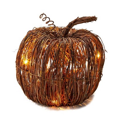 Lakeside Rattan Lighted Pumpkin - Harvest Halloween Decor for Tabletops, Mantles
