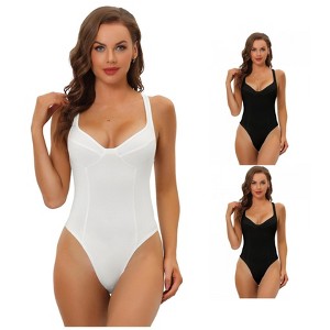 Allegra K Women's Deep V Neck Tummy Control Waist Adult Bodysuits 3 Packs - 1 of 4