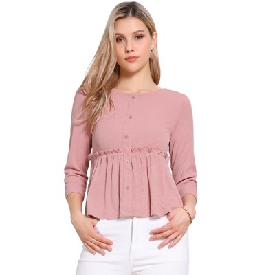 INSPIRE CHIC Women's Crew Neck 3/4 Sleeve Ruffle Button Down Blouses