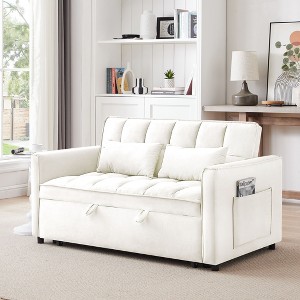 PexFix 55 in. W Modern Velvet Convertible Sofa Bed with Adjustable Back Storage Bag and Pillows for Living Room and Bedroom in White - 1 of 4