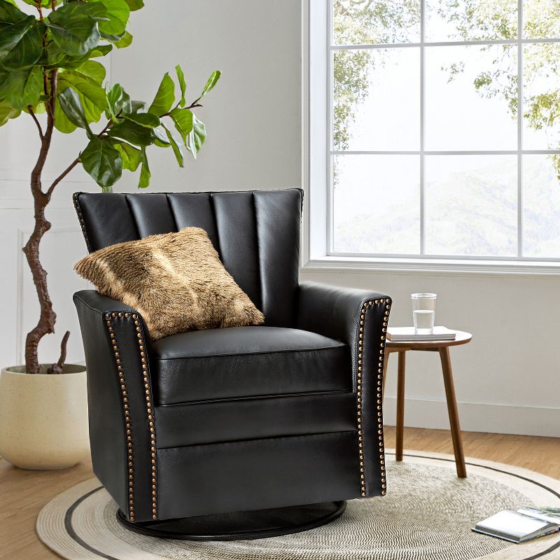 Eva Genuine Leather Swivel Rocker Armchair with Nailhead Trims for Living Room | ARTFUL LIVING DESIGN, 3 of 12