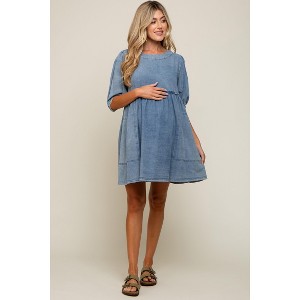 PinkBlush Blue Faded Denim Chambray Maternity Mini Dress - 1 of 4