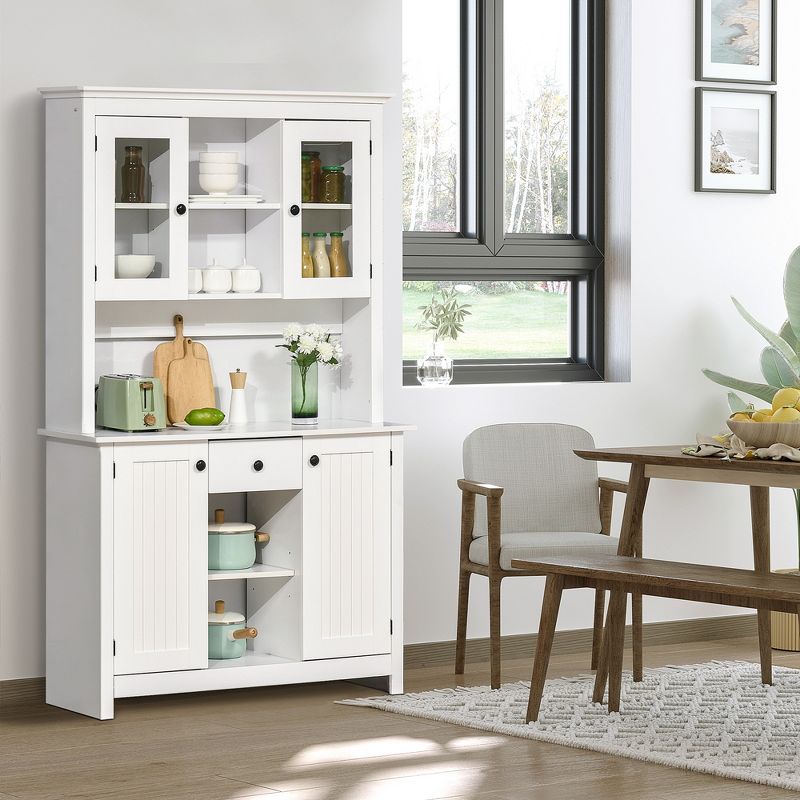 HOMCOM Freestanding Rustic Buffet with Hutch, 4 Doors Farmhouse Kitchen Pantry Cabinet, Microwave Stand with Beadboard Panel, Drawer, White, 3 of 7