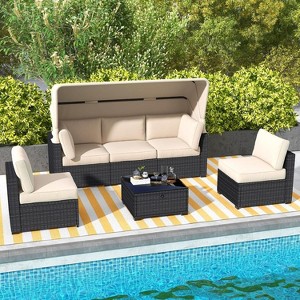 Patio Furniture Set, 6pcs Outdoor Rattan Wicker Furniture with Canopy, Outdoor Sectional Sofa and Table with Storage, Patio Conversation Sets - 1 of 4