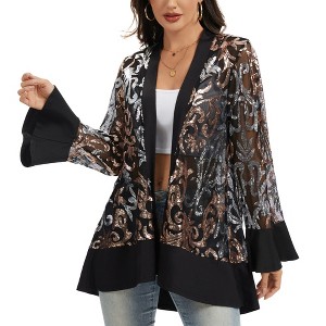 Anna-Kaci Women’s Sequin Mesh Cardigan with Sheer Embellished Sleeves and Flowing Open Front Design for Layering Style - 1 of 4