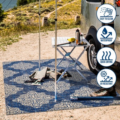 Navy/Beige Medallion 4'x6' Reversible Indoor/Outdoor Rug