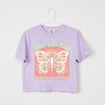 Simply Sage Market Women's Wild and Free Butterfly Short Sleeve Relaxed Fit Cropped Tee