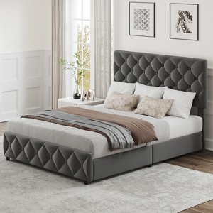 Modern Upholstered Bed Frame with Footboard, Adjustable Headboard, 4 Drawers Wooden and Slats Support - 1 of 4