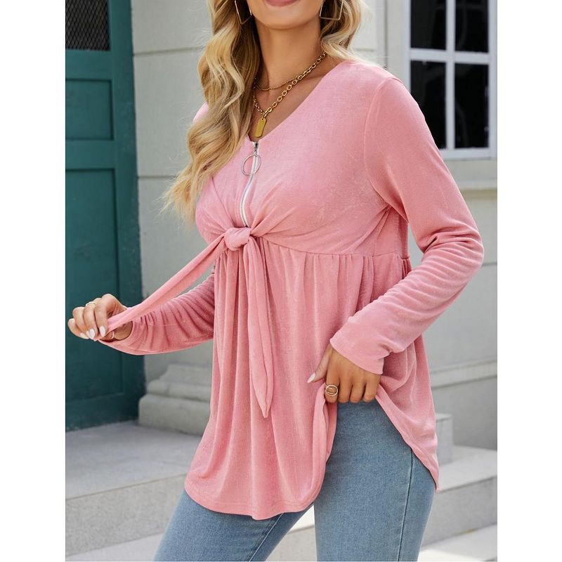 Women's V Neck Blouse Half Zip up Casual Tunic Shirts Babydoll Chest Tie Knot Shirts Ruched Flowy Hem Tunic Tops, 5 of 7