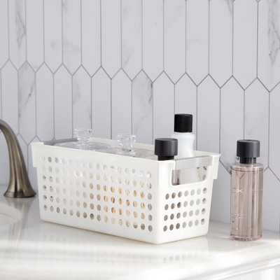 Set of 4 White Plastic Storage Baskets with Gray Handles