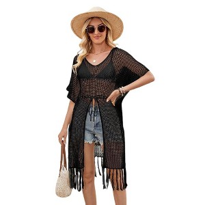 V Neck Crochet Cover Up Dress for Womens Bathing Suits Waist Tie Front Slit Tassel Trim Beach Cover-Ups for Bikini Swimsuits - 1 of 4