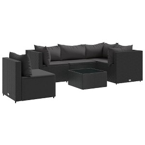 vidaXL Patio Lounge Set with Cushions Sectional Sofa Garden Backyard Poly Rattan - Black 3x corner + 2x middle + table - 1 of 4