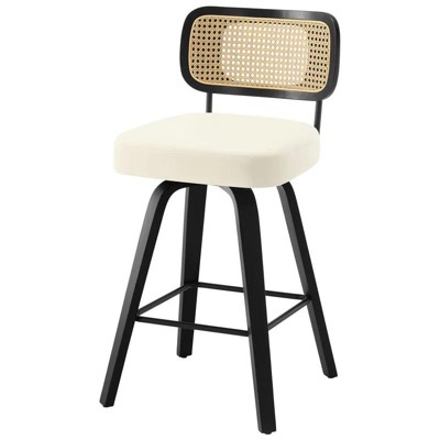 Swivel Counter Height Bar Stools - 26" Faux Leather Upholstered with Rattan Back, Black Wood Frame for Kitchen Island