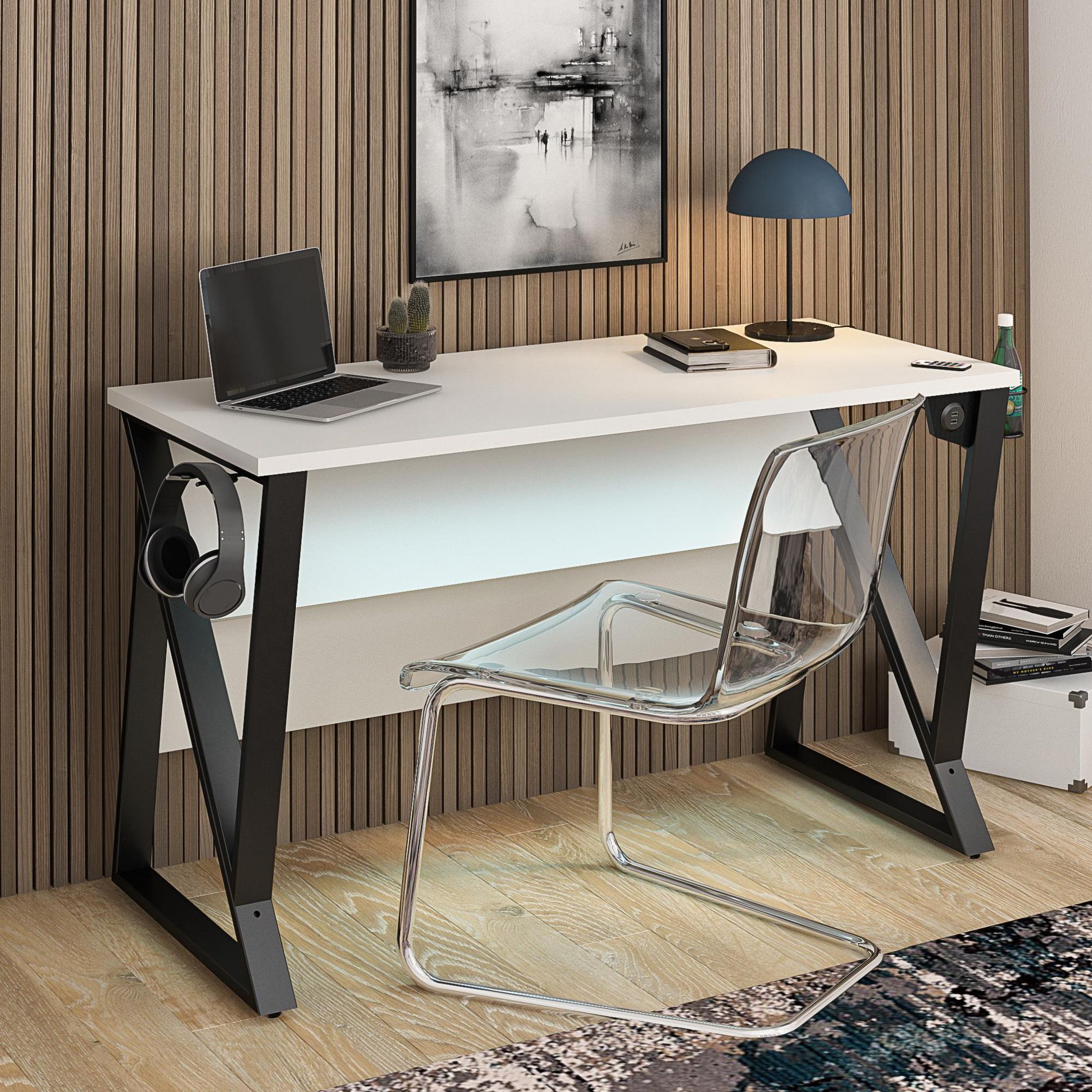 GDFStudio Lombok Industrial Wood Home Office Adjustable Computer Desk, White