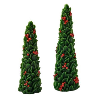 Christmas 9.25" Berry Tree Candles Holly Retro Set Of 2  -  Flame Candles