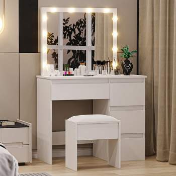 Vanity Desk, Makeup Vanity Desk with Touch Light Mirror, Power Outlet, Stool, and 4 Drawers, White