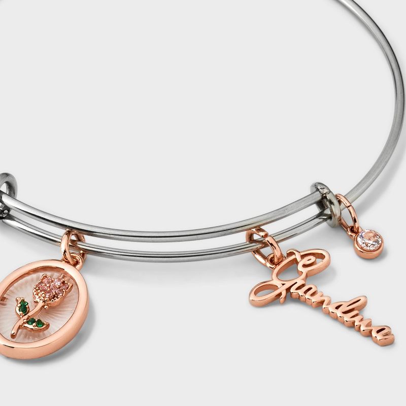 Silver Plated Two-Tone &#34;Grandma&#34; Rose and Cubic Zirconia Bezel Bangle Bracelet - Rose Gold/Silver, 3 of 4