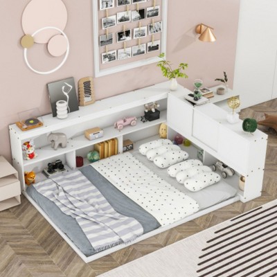 Full-Size Platform Bed Integrated with L-Shaped Bookshelves and Sliding Doors, Slat-Free Design