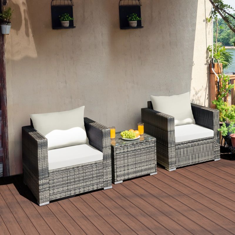 Tangkula 3-Piece Patio Wicker Conversation Set Bistro Rattan Sofa Chair with Washable Cushion, 3 of 11