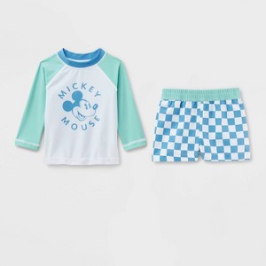 Baby Boys' 2pc Disney Mickey Mouse Long Sleeve Rash Guard Trunk Set - Blue - 1 of 4