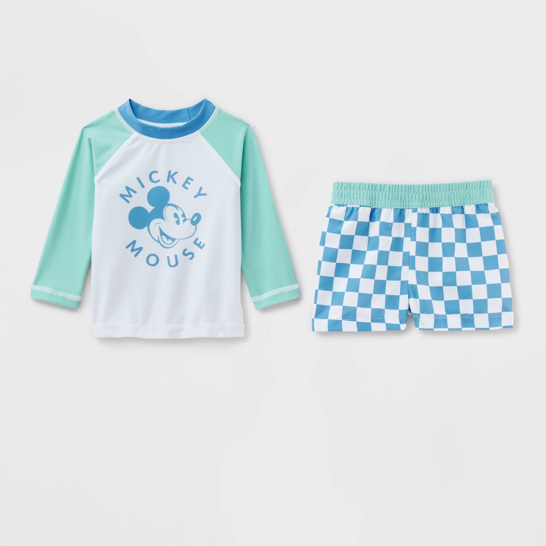 Baby Boys' 2pc Disney Mickey Mouse Long Sleeve Rash Guard Trunk Set - Blue 3M: UPF 50+ Tricot Fabric