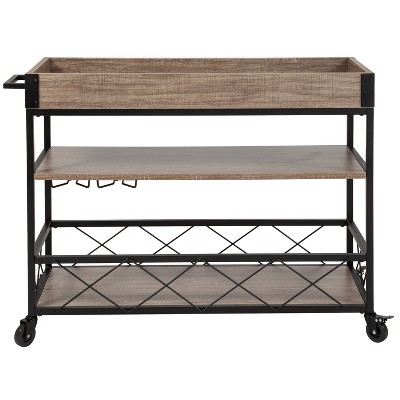Buckhead Light Oak and Iron Rectangular Bar Cart with Wine Storage