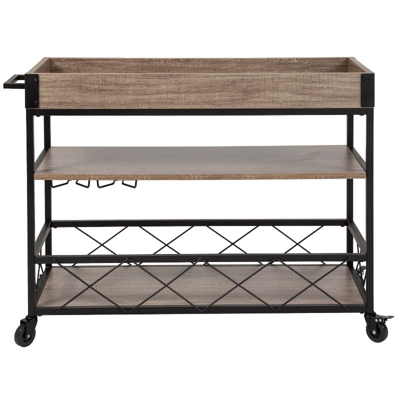 Merrick Lane Rolling Kitchen Serving and Bar Cart with Shelves and Wine Glass Holders in Distressed Light Oak Wood and Black Iron, 4 of 15