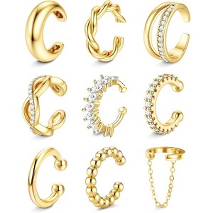 9-piece women's clip-on earring set, 14K gold plated - hypoallergenic adjustable clip-on earrings, stackable wrap style. - 1 of 4