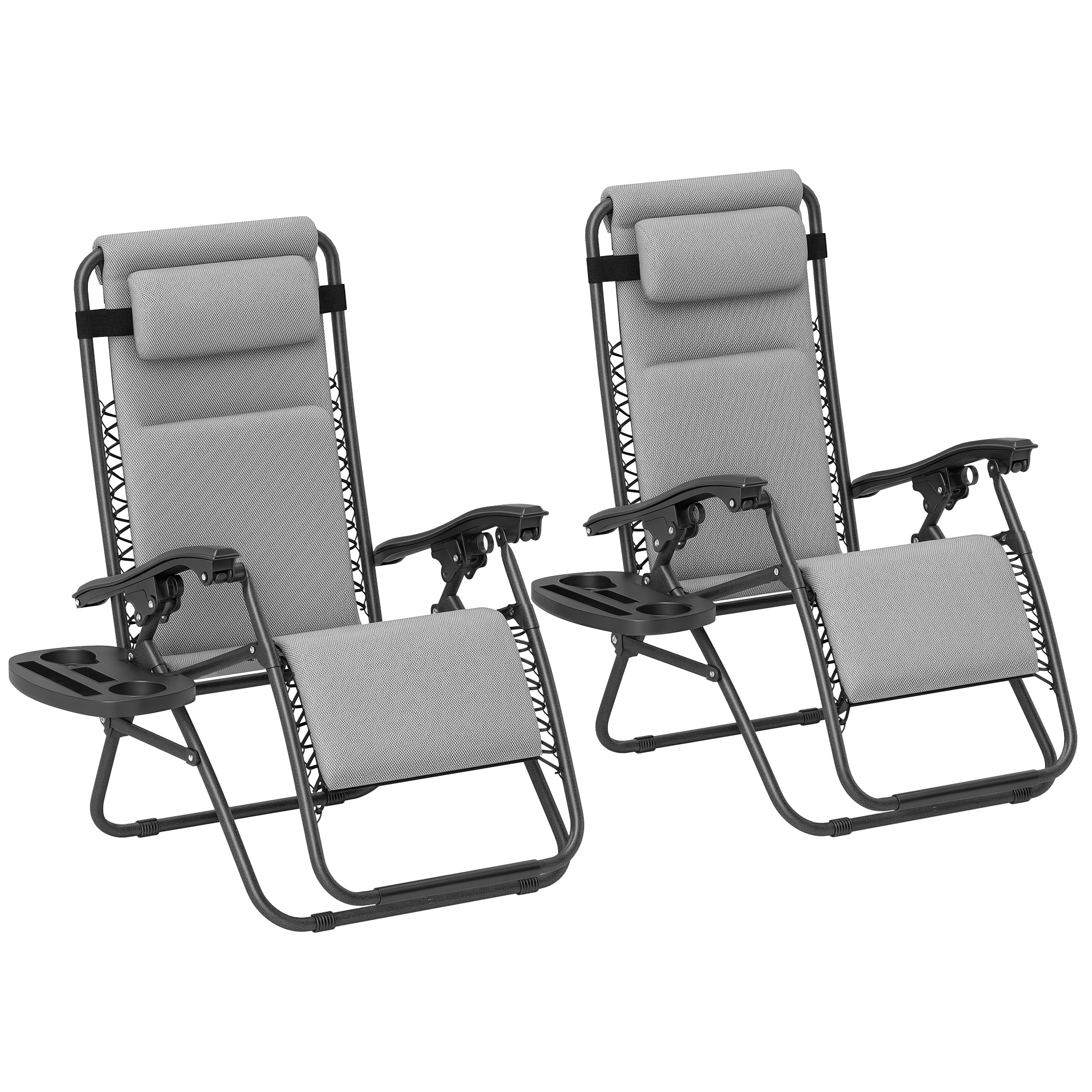 Outsunny Zero Gravity Lounge Chair Set of 2 Reclining Folding Outdoor Lounge Chairs with Cushion, Headrest, and Side Tray for Patio Beach, Light Gray