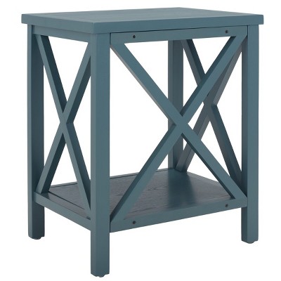 Transitional Teal Wood and Stone Rectangular End Table
