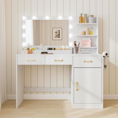 Vanity Desk with LED Lights & Power Outlet - Makeup Table with 3 Drawers, Storage Shelves & Tilt Mirror