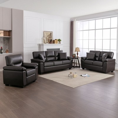6 seater Living Room Sofa Loveseat Chair Set Faux Leather Couch with Pillows Chocolate Black-Morden Fort