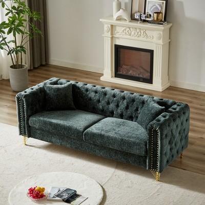82'' Chenille Chesterfield Tufted 3-Seater Sofa with Copper Nailhead Trim, Metal Legs and Pull Buckle Design