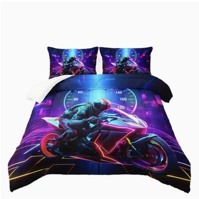 Boersma Motocross Bedding Set, Motorcycle Racer Comforter Extreme Sport Bedding Set, Cool Blue Motorcycle Duvet Set