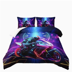 Boersma Motocross Bedding Set, Motorcycle Racer Comforter Extreme Sport Bedding Set, Cool Blue Motorcycle Duvet Set - 1 of 4