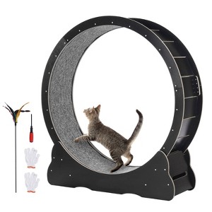 VEVOR Wooden Cat Exercise Wheel, 43.3" Large Cat Treadmill Wheel for Indoor Cats, Cat Running Wheel with Detachable Carpet & Cat Teaser, Black - 1 of 4
