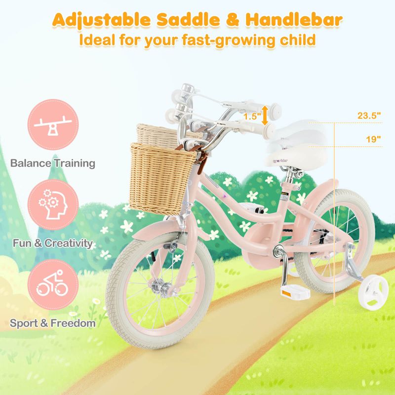 Prorider 14" Kid's Bike with Training Wheels Adjustable Handlebar Seat Handbrake Blue/Green/Pink, 5 of 11