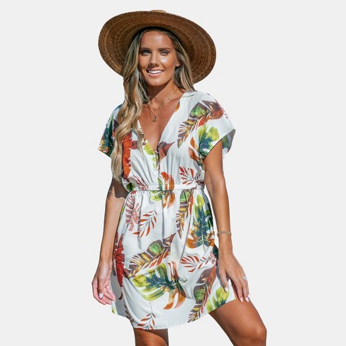 Women's Tropical Plunging Dolman Sleeve Cover-Up Mini Dress - Cupshe - image 1 of 4