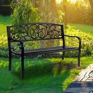 KTMBDW Outdoor 50 Inches Garden Bench, Slatted Seat Armrests Floral Design Backres and Arch Legs for Park, Yard, Porch, Lawn, Balcony, Backyard, Black - 1 of 4