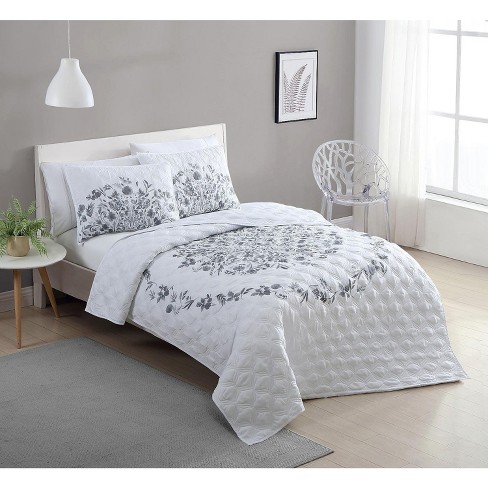 Vcny Home Lauren Grey And White Floral Quilt Set White 2 Piece