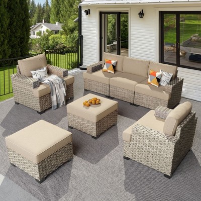 XIZZI All-Weather Rattan Furniture, Sectional Sets w/ Optional Solar Light-Up Coffee Table & Ottoman, Choose 6-9pc Configs in 8 Fade Resistant Colors